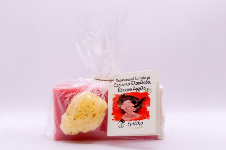 Σαπούνι με Κόκκινο Άργιλο & Οργανικό Ελαιόλαδο με Σφουγγάρι